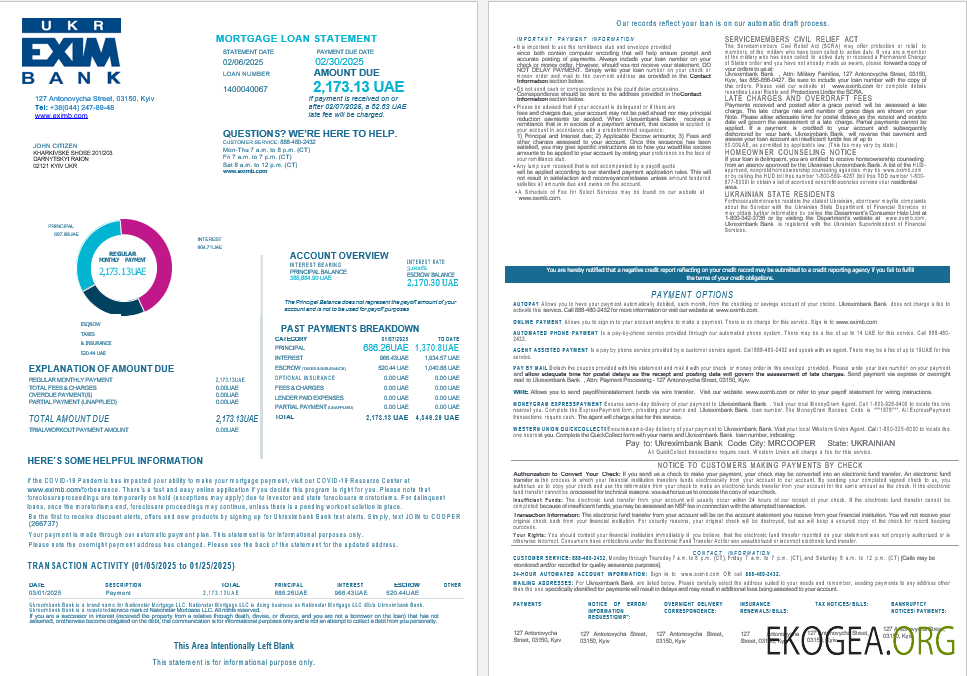 Relevé de prêt hypothécaire de la banque ukrainienne Ukreximbank aux formats Word et PDF, 4 pages 1, 2